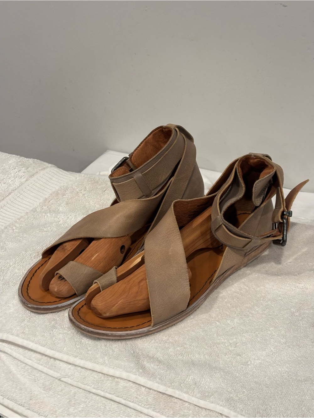 Free People Taupe Crisscross Ankle-Strap Sandals - Picture 3 of 9